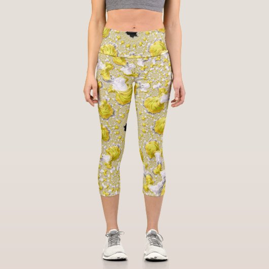 抽象芸術黄色対称フラクタル カプリレギンス (正面)