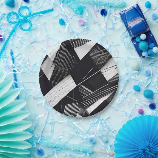 抽象芸術黒と白の暗い幾何学的パターン ペーパープレート (パーティー)