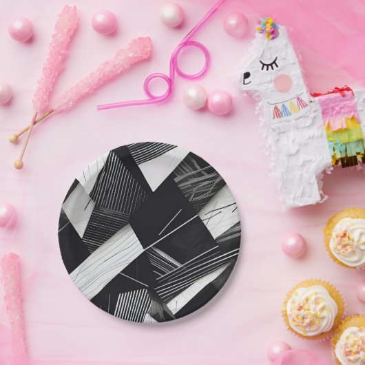 抽象芸術黒と白の暗い幾何学的パターン ペーパープレート (パーティー)