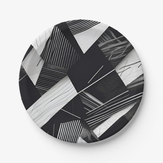 抽象芸術黒と白の暗い幾何学的パターン ペーパープレート (正面)