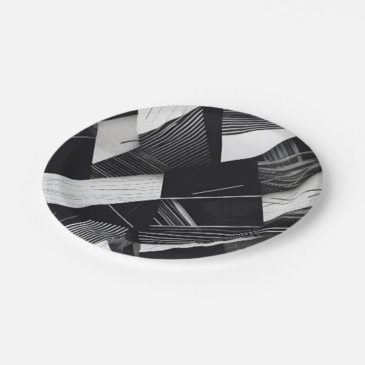 抽象芸術黒と白の暗い幾何学的パターン ペーパープレート (アングル)
