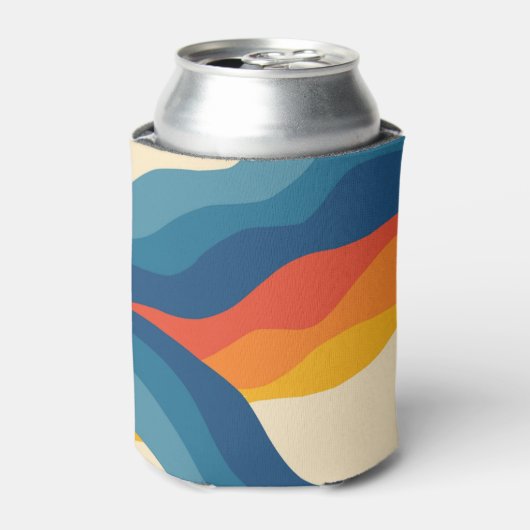 抽象芸術70sレトロオレンジブルー波パタストライプーン 缶クーラー (缶正面)