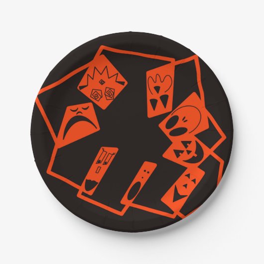 抽象芸術、カボチャ顔オン黒、ハロウィーン ペーパープレート (正面)