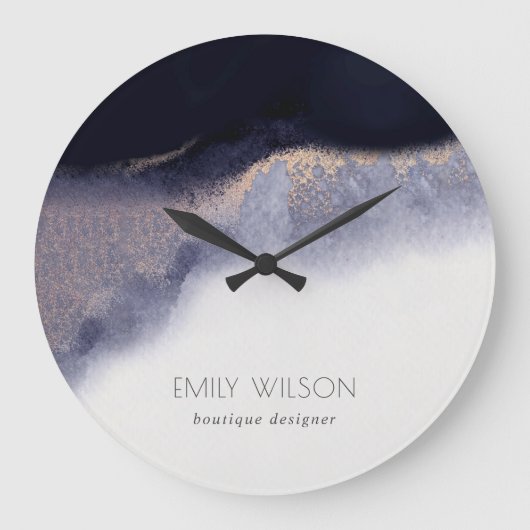 抽象芸術・ネービー・ブラック・ゴールド・フォイル・ウォーター・カラー・ウォッシュ ラージ壁時計 (正面)