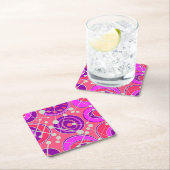 抽象芸術、ピンクとオレンジのジオシェイプデザイン スクエアペーパーコースター (インサイチュ)