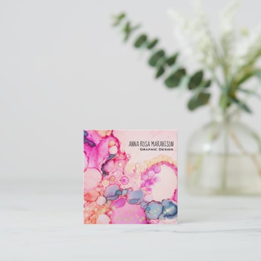 *~*抽象芸術·フロー·バブル桃色青 スクエア名刺 (スタンド正面)