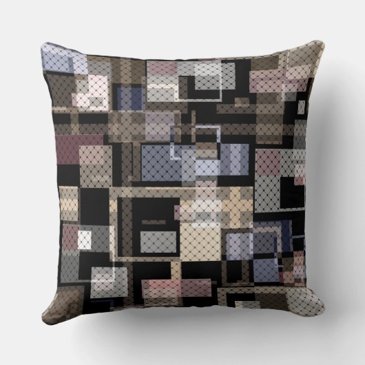 抽象芸術,ベージュ,黒,格子模様 クッション (裏面)