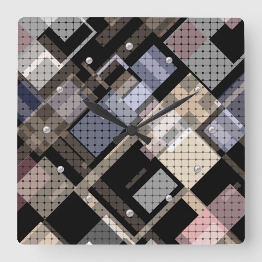 抽象芸術,ベージュ,黒,格子縞 スクエア壁時計 (正面)