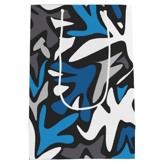 抽象芸術，幾何学的，パターン，黒と青の投げ ミディアムペーパーバッグ (裏面)