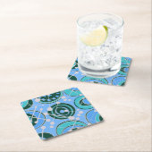 抽象芸術、緑のジオシェイプ、青いデザイン スクエアペーパーコースター (インサイチュ)