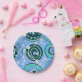 抽象芸術、緑のジオシェイプ、青いデザイン ペーパープレート (パーティー)