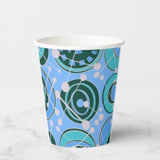 抽象芸術、緑のジオシェイプ、青いデザイン 紙コップ (正面)