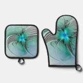 抽象芸術(青、フラクタルアートモダン) 鍋つかみ&鍋敷きセット (正面)