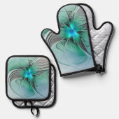 抽象芸術(青、フラクタルアートモダン) 鍋つかみ&鍋敷きセット (正面/裏面)