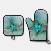 抽象芸術(青、フラクタルアートモダン) 鍋つかみ&鍋敷きセット (正面)