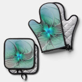 抽象芸術(青、フラクタルアートモダン) 鍋つかみ&鍋敷きセット (正面/裏面)