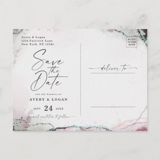 抽象芸術Etherealラベンダーウェディング日付を保存 案内ポストカード (裏面)