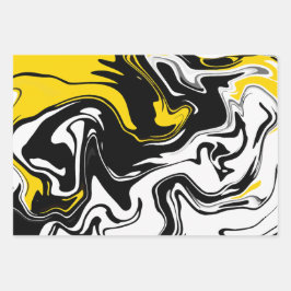 抽象芸術Fluid Art （黒、白、黄） ラッピングペーパーシート