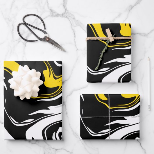 抽象芸術Fluid Art （黒、白、黄） ラッピングペーパーシート (正面)