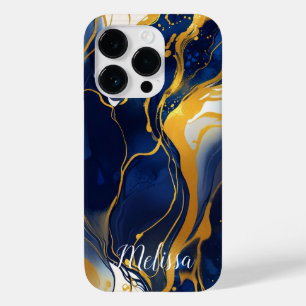 抽象芸術Fluid Navy Blue金ゴールドパーソナライズ名 Case-Mate iPhone 14 Proケース