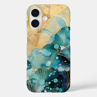 抽象芸術iPhoneケースターコイズの波と金ゴールド iPhone 16ケース