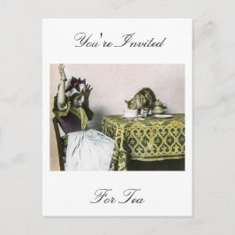 招かれないゲストの悪い子猫のヴィンテージのお茶会の女の子 インビテーションポストカード