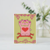 招き猫ピンク猫とハート ポストカード (スタンド正面)