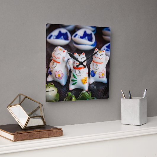 招き猫フィギュア スクエア壁時計 (オフィス)