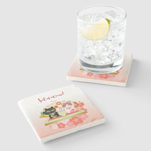 招き猫ラッキープルーナ ストーンコースター (横)