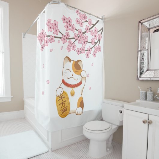 招き猫日本の招き猫さくらんぼ シャワーカーテン (インサイチュ)