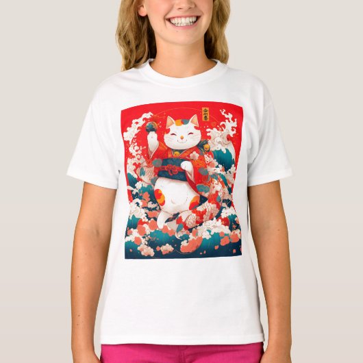 招き猫日本の招き Tシャツ (正面)