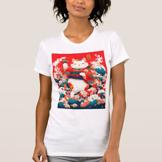 招き猫日本の招き Tシャツ (正面)