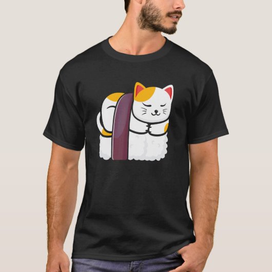 招き猫 まねきねこ 風水 縁起物 寿司 Tシャツ (正面)
