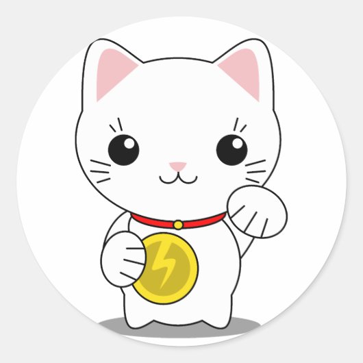招き猫 – 白いラッキーキャット ラウンドシール (正面)