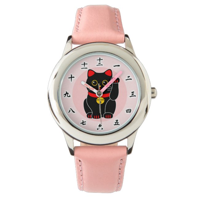 招き猫(白黒)、招き猫B&W（招き猫、招き猫） 腕時計 (正面)