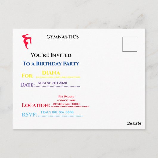 招待されましたを体操パーティーにパーソナライズされた ポストカード (裏面)