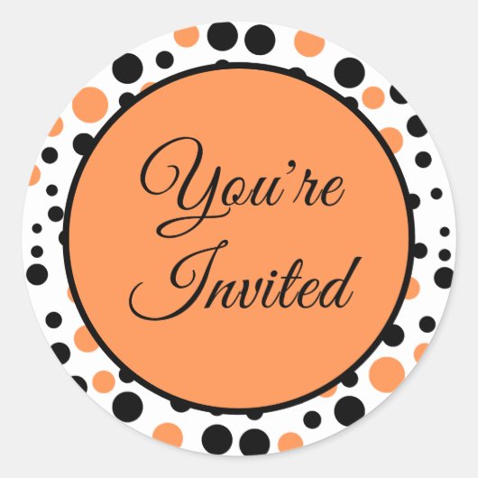 招待されましたオレンジ水玉模様 ラウンドシール (正面)