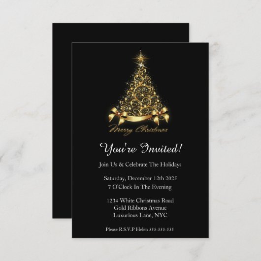 招待されましたクエレガントラス金ゴールドクリスマスパーティー 招待状 (正面/裏面)