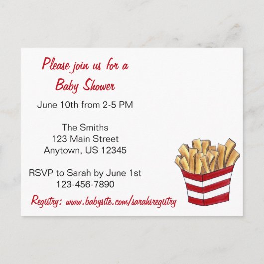 招待されましたベイビーシャワーフライドポテトを小さく炒フランスのめる インビテーションポストカード (裏面)