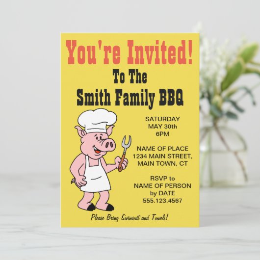 招待されました家族BBQのブタの漫画 招待状 (スタンド正面)