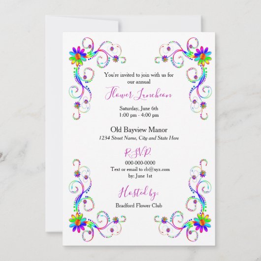 招待されました招待状、おもしろいフローラカラフル、 招待状 (裏面)
