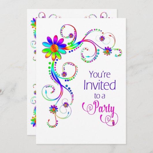 招待されました招待状、おもしろいフローラカラフル、 招待状 (正面/裏面)