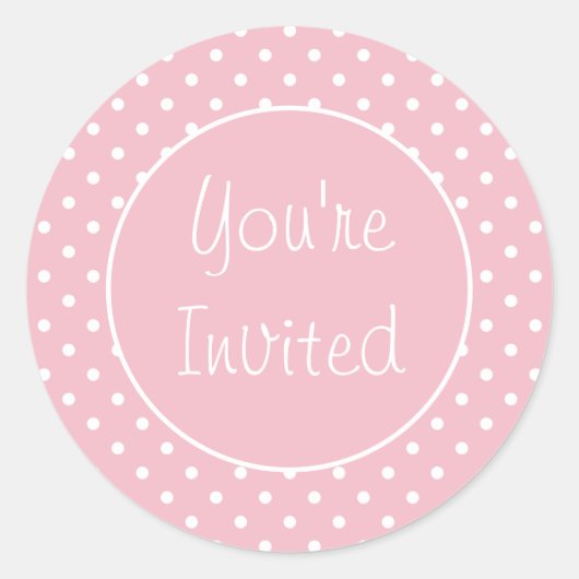 招待されました淡い色のピンク水玉模様封筒用シール ラウンドシール (正面)