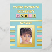 招待されました誕生日パーティー16今日ターコイズ 箔招待状 (正面)