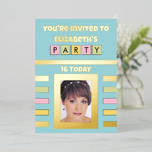 招待されました誕生日パーティー16今日ターコイズ 箔招待状 (立ち正面)