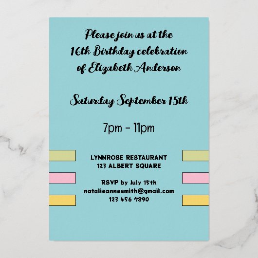 招待されました誕生日パーティー16今日ターコイズ 箔招待状 (裏面)