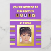 招待されました誕生日パーティー21今日パープル 箔招待状 (正面)