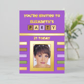 招待されました誕生日パーティー21今日パープル 箔招待状 (立ち正面)