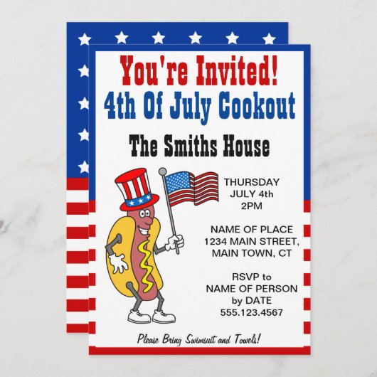 招待されました7月4日クックアウトホットドッグおもしろい 招待状 (正面/裏面)
