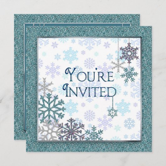 招待されました – 冬の雪片(青/ティール（緑がかった色）) 招待状 (正面/裏面)